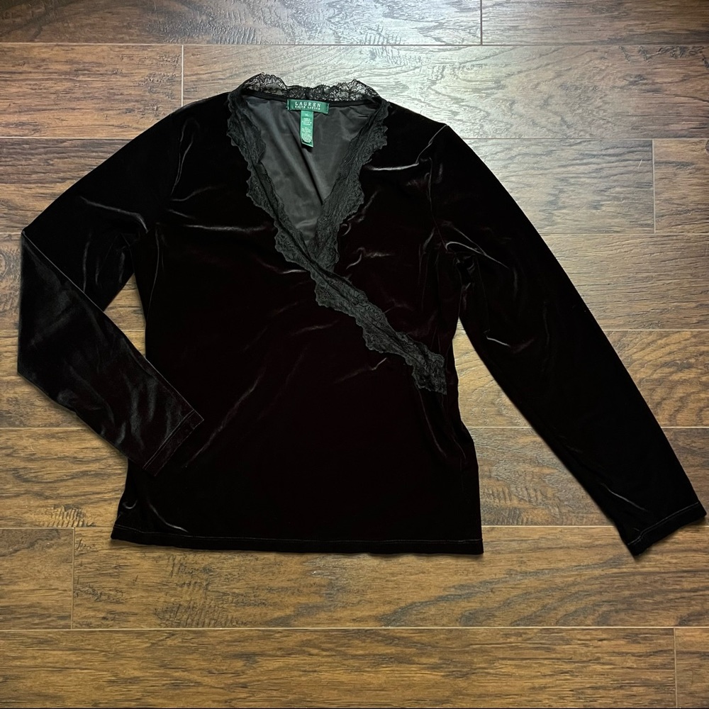 Lauren Ralph Lauren Black Velvet Lace Long Sleeve Blouse XL